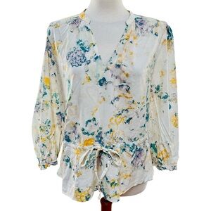 a new day White Watercolor Painterly V-Neck Blouse Mandarin Collar Women's XL